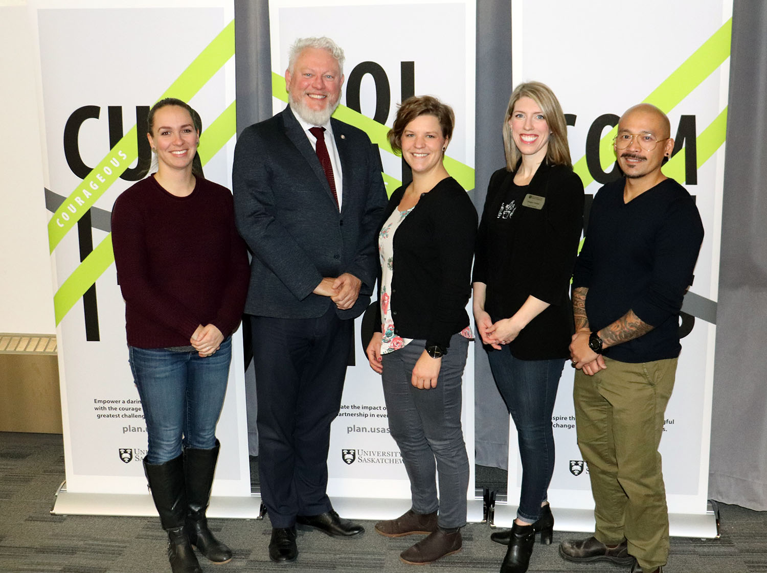 From left to right: Nicole Turner (EcoJustice Program), Dr. Steven M. Jones (USask Associate Provost Health), Hilary Gough (City of Saskatoon Ward 2 Councillor), Meagan Hinther (College of Education Manager of Communications and External Relations), and Mel Sysing (EcoJustice Program Lead).