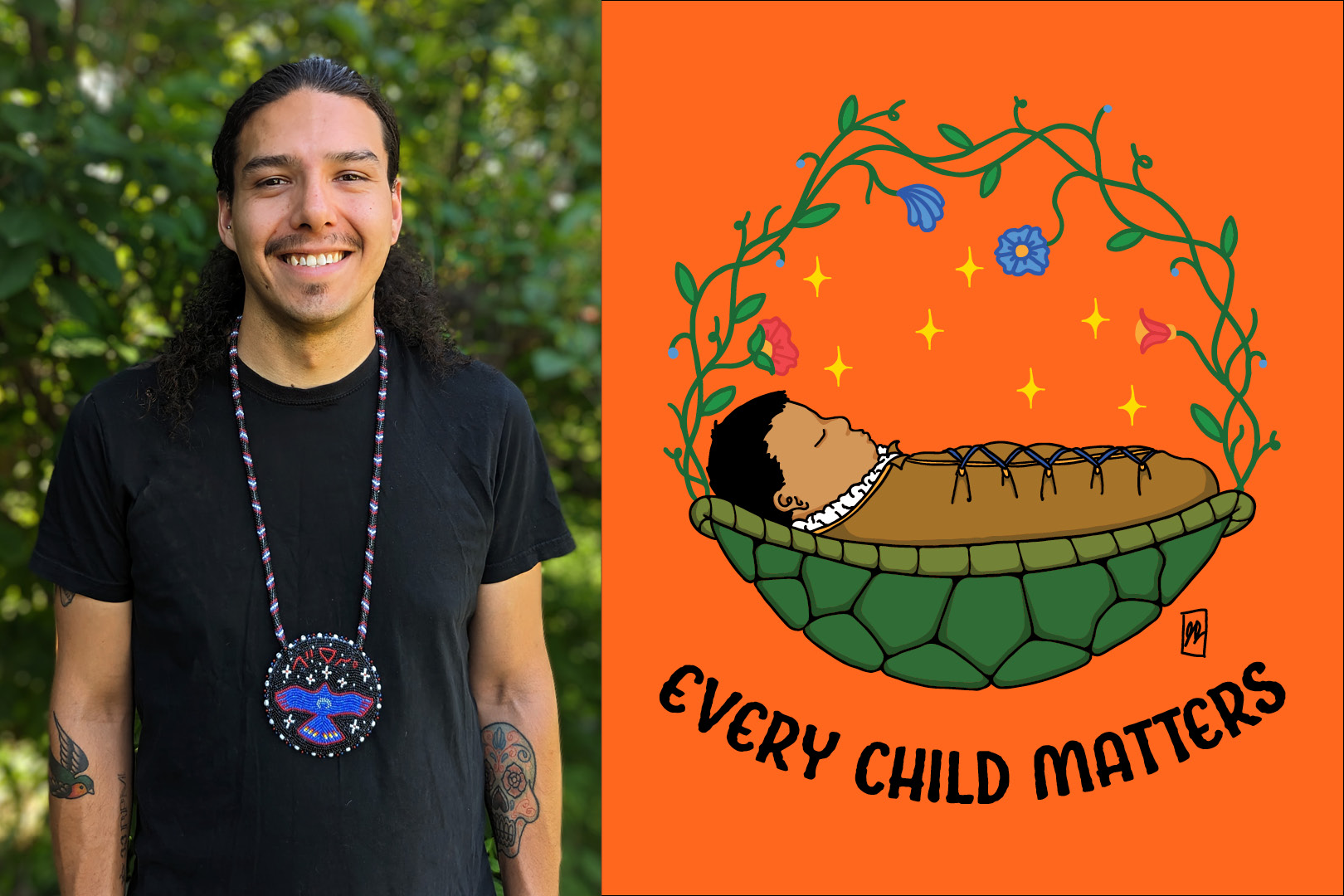 Photo of James Deslarlais and his artwork featured on 2024 shirts recognizing Orange Shirt Day and the National Day for Truth and Reconciliation