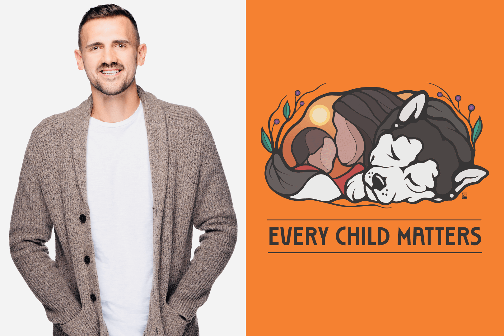Artist Chris Chipak (photo by Studio D), alongside his 2025 Orange Shirt Day design now on sale through Shop USask.