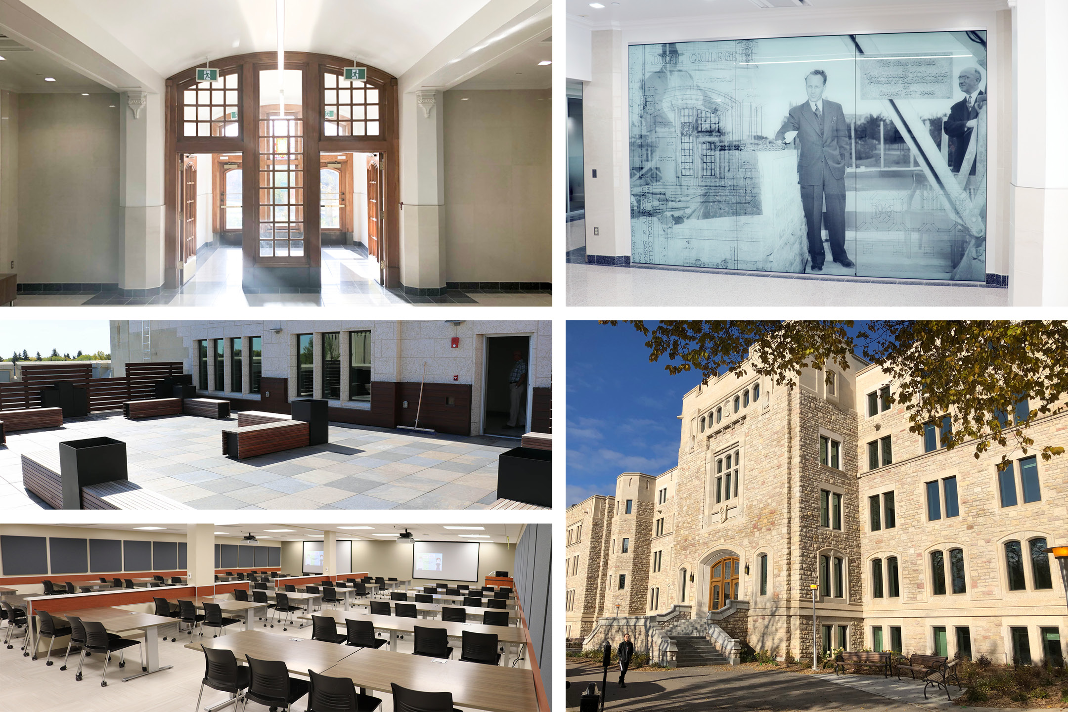 A-Wing renovations included: restoration of the A-Wing Main Entrance to its original 1948 design with the high-coved ceiling (top left); a glass panel display of Saskatchewan’s seventh premier and the “Father of Medicare,” Tommy Douglas (top right); a 4th-floor faculty and staff rooftop patio (middle left); 1A60, the largest renovated classroom in the A-Wing with a seating capacity of 84 (bottom left); and repaired front entrance steps (bottom right).