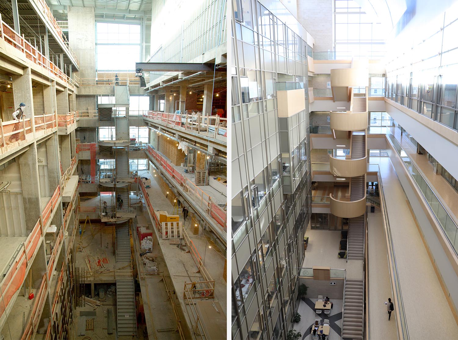 The USask Health Sciences D-Wing during construction in 2011 (left) and after.