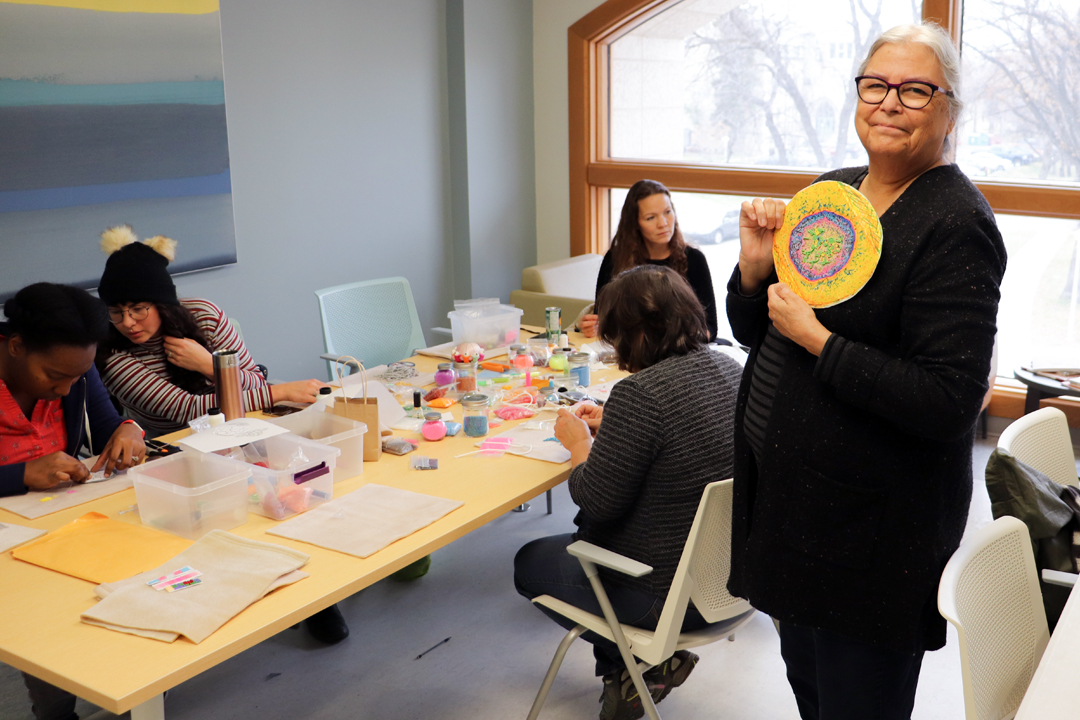 Indigenous artist-in-residence Ruth Cuthand (BFA'83, MFA'92) invites the public to join her for Bead Hives during her residency in the USask Health Sciences Building. (Photo by Collin Semenoff)