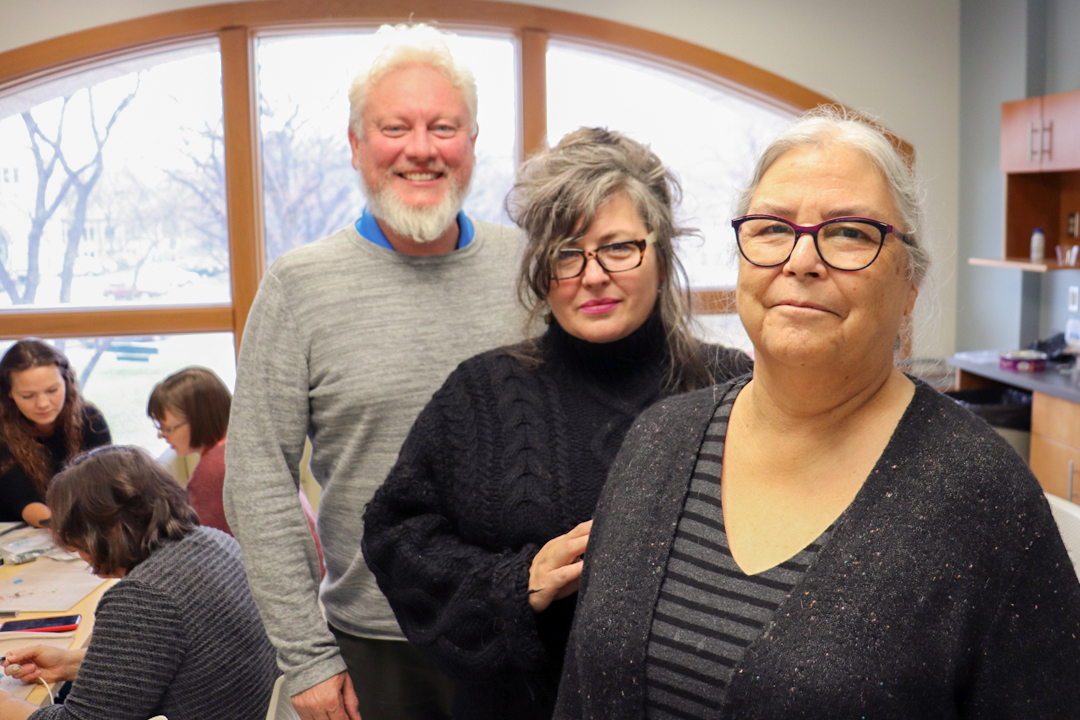 From left to right: Dr. Steven M. Jones, jake moore, and Ruth Cuthand. (Photo by Collin Semenoff).